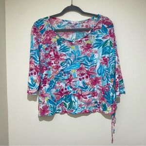 Women’s Bright Colourful Pink Floral Side  Tie 3/4 Sleeve Resort-wear Shirt S:L